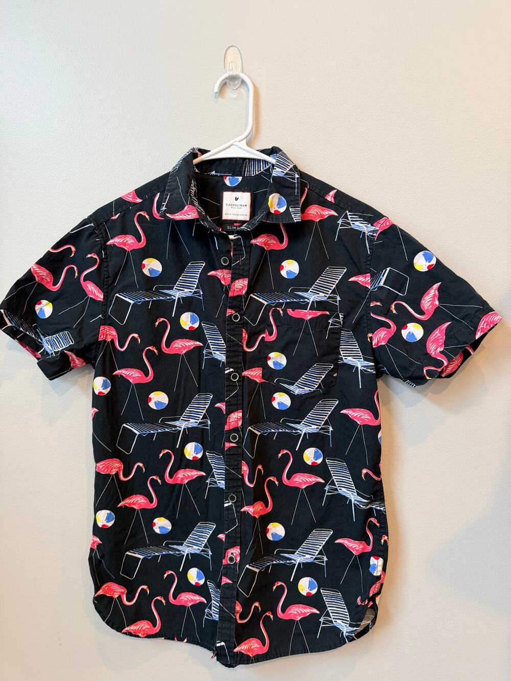 Cactus Man by Ricky Singh Flamingo Beach Button Up Shirt Men's Slim Fit Black M